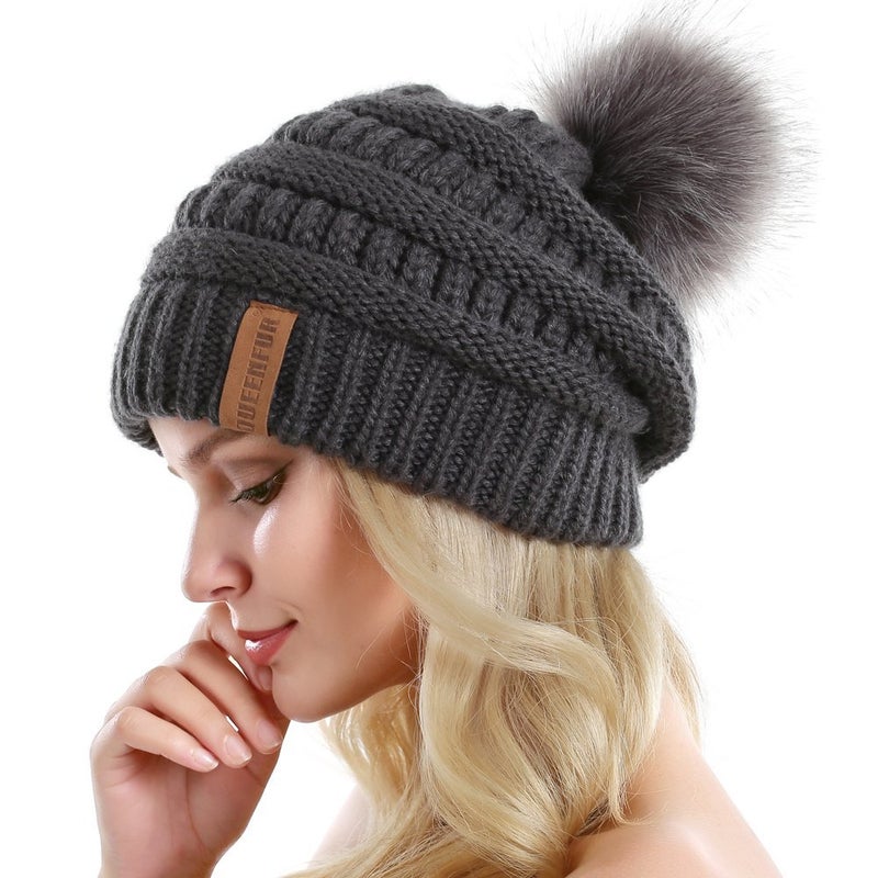 QUEENFUR Women Knit Slouchy Beanie Chunky Baggy Hat with Faux Fur Pompom Winter Soft Warm Ski Cap - Image 3